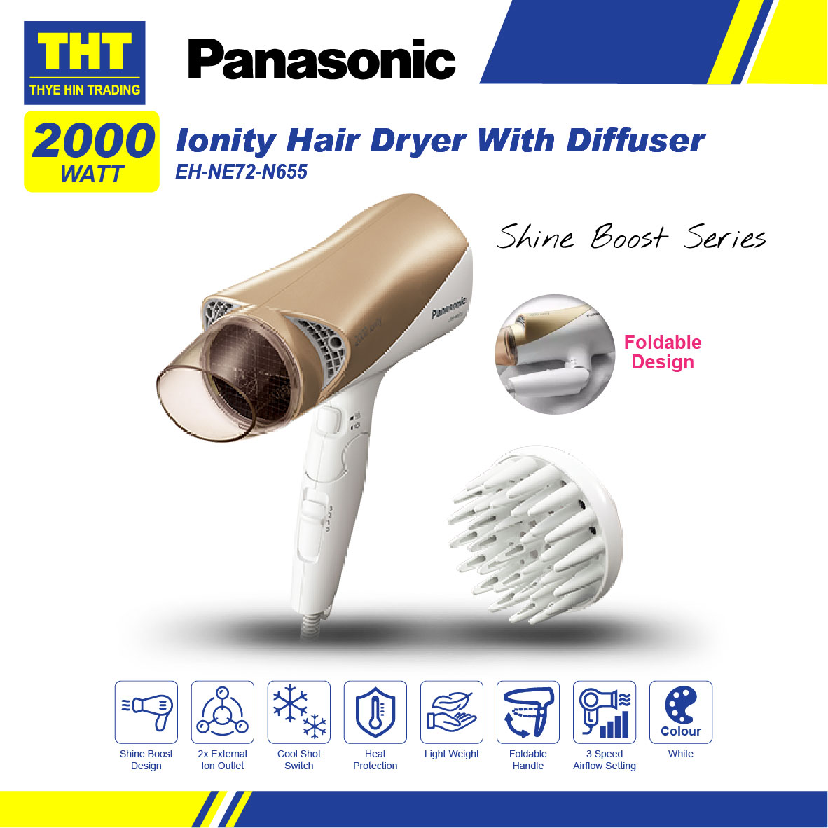 Panasonic 2000W Ionity Hair Dryer With Diffuser EHNE72N655 Shine