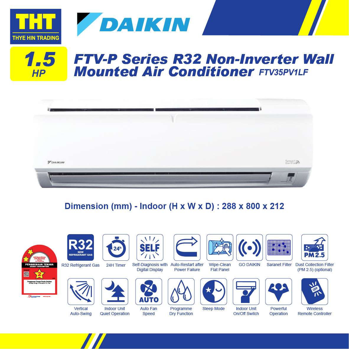 [1.5HP] Daikin Air Conditioner Non Inverter Wall Mounted (R32) With Smart Control FTV35PV(WIFI)