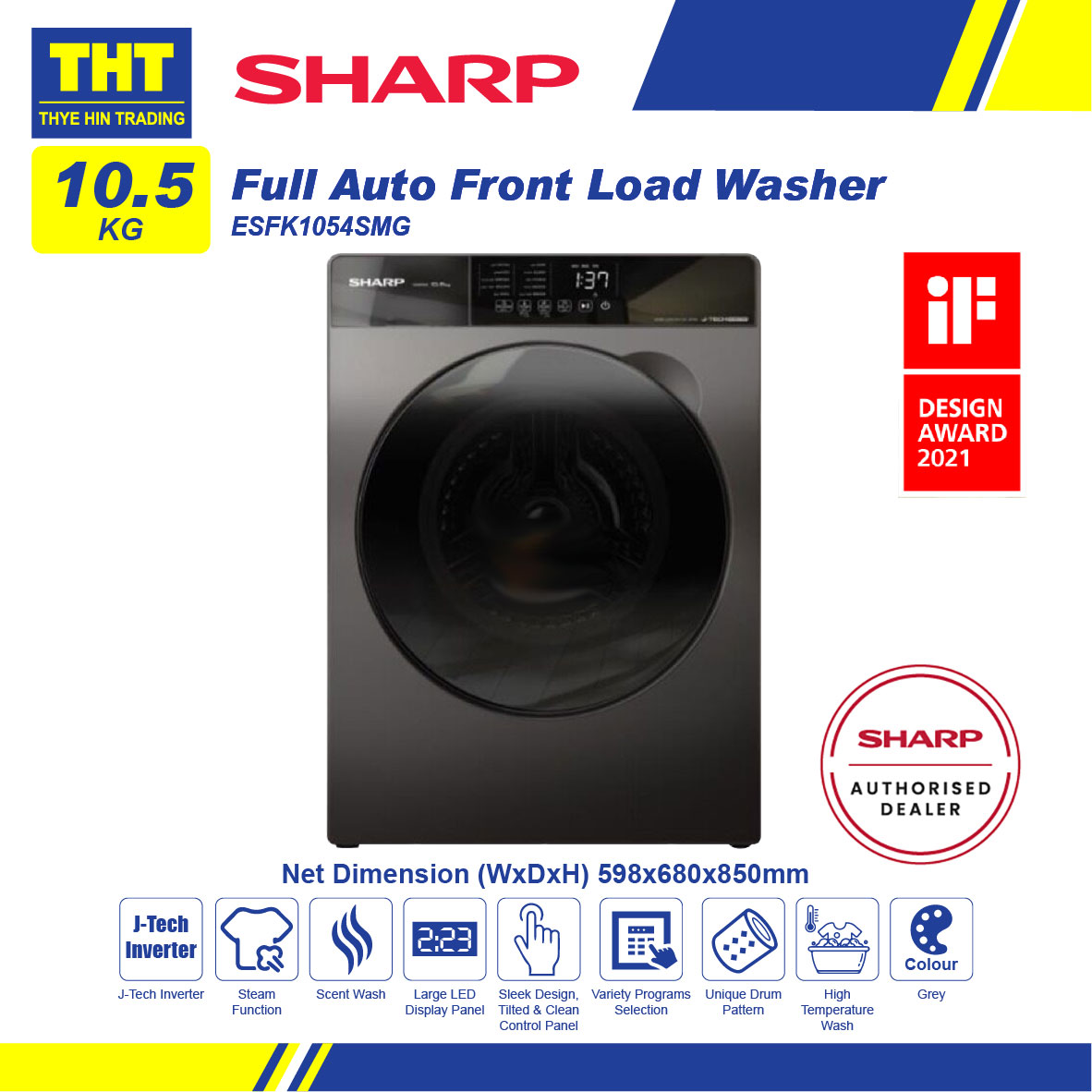 [10.5KG] Sharp Inverter Front Load Washer ESFK1054SMG