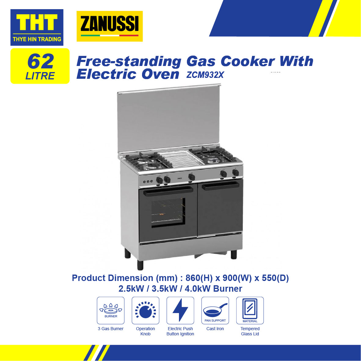 Zanussi 3 Gas Burners Free Standing Electric Oven ZCM932X