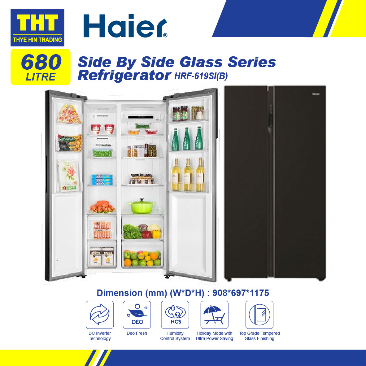 Haier (550L) Side By Side Glass Series Refrigerator HRF619SI(B)