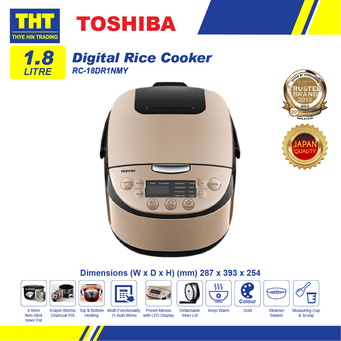 [1.8L] Toshiba Bincho Charcoal Series Digital Rice Cooker RC18DR1NMY