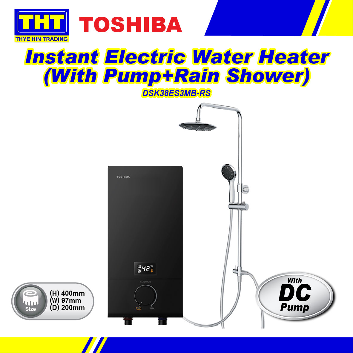 Toshiba Instant Electric Water Heater With Pump and Rain Shower  DSK38ES3MB-RS